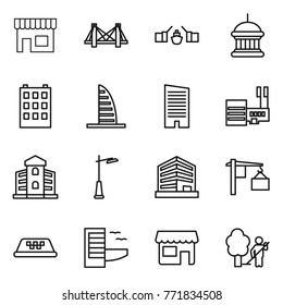 Thin line icon set : shop, bridge, drawbridge, goverment house, building, skyscraper, mall, outdoor light, office, loading, taxi, hotel, garden cleaning
