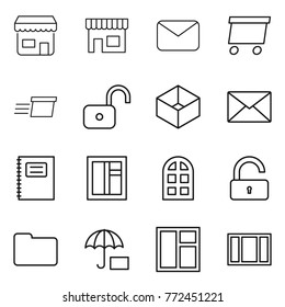 Thin line icon set : shop, mail, delivery, unlock, box, copybook, window, arch, documents, insurance