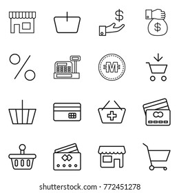 Thin line icon set : shop, basket, investment, money gift, percent, cashbox, crypto currency, add to cart, credit card