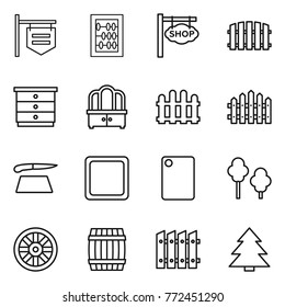 Thin line icon set : shop signboard, abacus, fence, chest of drawers, dresser, cutting board, trees, wheel, barrel, spruce