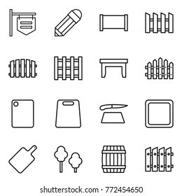 Thin line icon set : shop signboard, pencil, fence, pallet, table, cutting board, trees, barrel