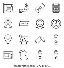 Thin line icon set : shop signboard, investment, sale, calculator, medal, info, geo pin, sun potection, label, do not distrub, grill oven, handle washing, please clean