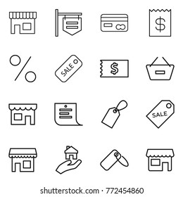 Thin line icon set : shop, signboard, card, receipt, percent, sale, remove from basket, shopping list, label, real estate