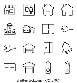Thin line icon set : shop, wc, home, mansion, house with garage, plan, key, fridge, bell, welcome mat, do not distrub, please clean