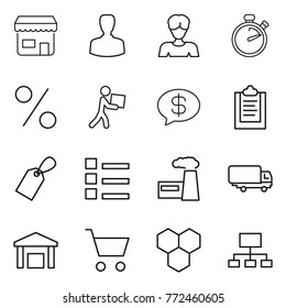 Thin line icon set : shop, man, woman, stopwatch, percent, courier, money message, clipboard, label, list, factory, shipping, warehouse, cart, honeycombs, hierarchy