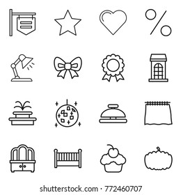 Thin line icon set : shop signboard, star, heart, percent, table lamp, bow, medal, building, fountain, disco ball, service bell, curtain, dresser, crib, cupcake, pumpkin