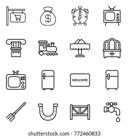 Thin line icon set : shop signboard, money bag, alarm clock, tv, column, train, restaurant, dresser, fridge, welcome mat, fork, horseshoe, farm fence, water tap