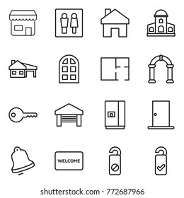 Thin line icon set : shop, wc, home, mansion, house with garage, arch window, plan, key, fridge, door, bell, welcome mat, do not distrub, please clean