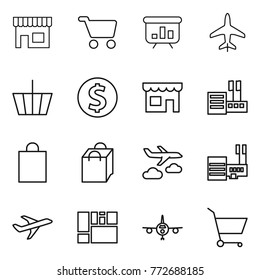 Thin line icon set : shop, cart, presentation, plane, basket, dollar coin, store, shopping bag, journey, mall, consolidated cargo