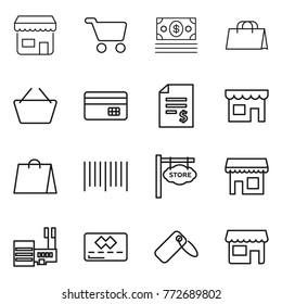 Thin line icon set : shop, cart, money, shopping bag, basket, credit card, account balance, bar code, store signboard, mall, label