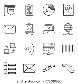 Thin line icon set : shop signboard, report, circle diagram, annual, mail, presentation, notebook, globe connect, wireless, server, bar code, list, stairs, escalator