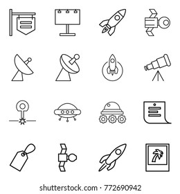 Thin line icon set : shop signboard, billboard, rocket, satellite, antenna, telescope, laser, ufo, lunar rover, shopping list, label, photo