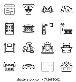 Thin line icon set : shop, column, bridge, project, building, airport, lighthouse, church, minaret, modern architecture, japanese house, gothic, plan