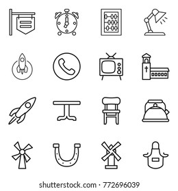Thin line icon set : shop signboard, alarm clock, abacus, table lamp, rocket, phone, tv, church, chair, kettle, windmill, horseshoe, apron