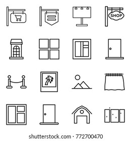 Thin line icon set : shop signboard, billboard, building, window, door, vip fence, photo, landscape, curtain, barn, clean