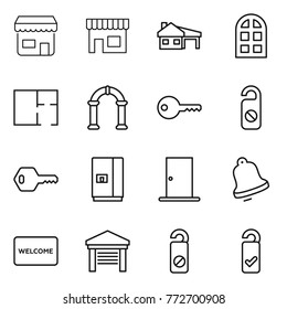 Thin line icon set : shop, house with garage, arch window, plan, key, do not distrub, fridge, door, bell, welcome mat, please clean