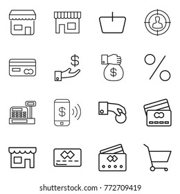 Thin line icon set : shop, basket, target audience, card, investment, money gift, percent, cashbox, phone pay, hand coin, credit, cart