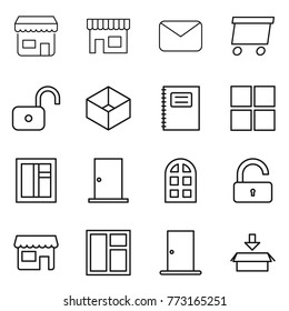 Thin line icon set : shop, mail, delivery, unlock, box, copybook, window, door, arch, package
