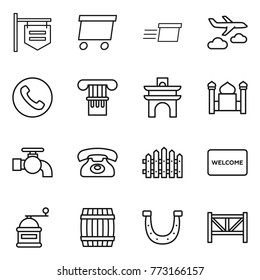 Thin line icon set : shop signboard, delivery, journey, phone, column, arch, minaret, water tap, fence, welcome mat, hand mill, barrel, horseshoe, farm
