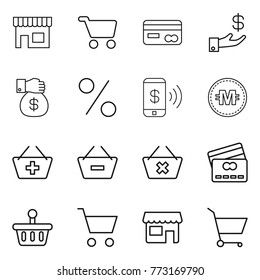 Thin line icon set : shop, cart, card, investment, money gift, percent, phone pay, crypto currency, add to basket, remove from, delete, credit