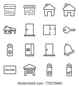 Thin line icon set : shop, home, house with garage, door, plan, key, do not distrub, fridge, bell, welcome mat, please clean