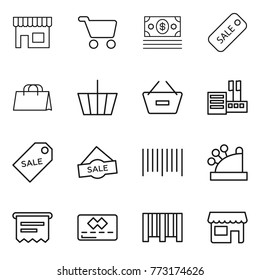 Thin line icon set : shop, cart, money, sale, shopping bag, basket, remove from, store, label, bar code, cashbox, atm receipt, credit card