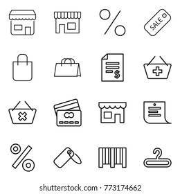 Thin line icon set : shop, percent, sale, shopping bag, account balance, add to basket, delete cart, credit card, list, label, bar code, hanger