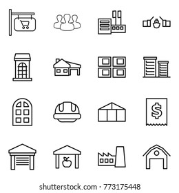 Thin line icon set : shop signboard, group, store, drawbridge, building, house with garage, panel, district, arch window, helmet, greenhouse, tax, warehouse, factory, barn