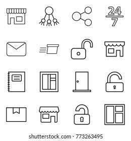 Thin line icon set : shop, share, 24 7, mail, delivery, unlock, copybook, window, door, package box, unlocked