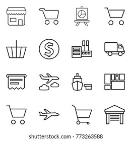 Thin line icon set : shop, cart, presentation, basket, dollar coin, store, delivery, atm receipt, journey, port, consolidated cargo, plane, garage