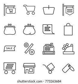 Thin line icon set : shop signboard, cart, basket, purse, shopping list, bag, sale, percent, cashbox, delivery, trolley, label