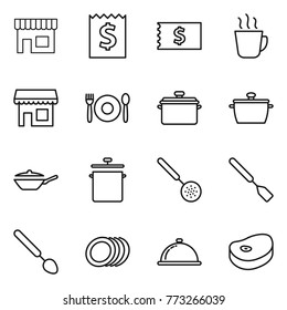 Thin line icon set : shop, receipt, hot drink, cafe, pan, skimmer, spatula, big spoon, plates, meal cap, steake