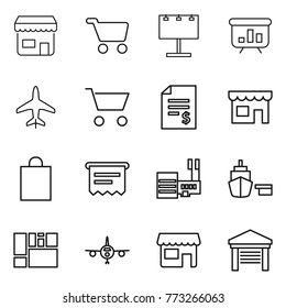 Thin line icon set : shop, cart, billboard, presentation, plane, account balance, shopping bag, atm receipt, mall, port, consolidated cargo, garage