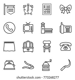 Thin line icon set : shop signboard, alarm clock, abacus, bow, phone, tv, church, curtain, dresser, chair, kettle, walnut crack, hand mill, sickle