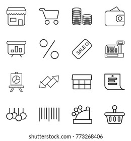 Thin line icon set : shop, cart, coin stack, wallet, presentation, percent, sale, cashbox, up down arrow, market, shopping list, bar code, basket