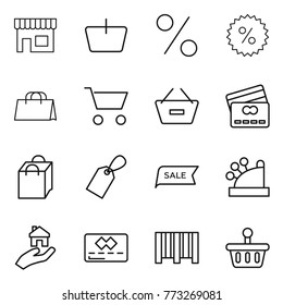 Thin line icon set : shop, basket, percent, shopping bag, cart, remove from, credit card, label, sale, cashbox, real estate, bar code