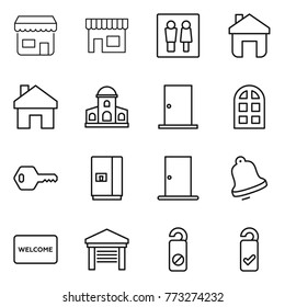 Thin line icon set : shop, wc, home, mansion, door, arch window, key, fridge, bell, welcome mat, garage, do not distrub, please clean