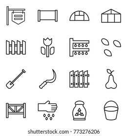 Thin line icon set : shop signboard, fence, greenhouse, perishable, watering, seeds, shovel, sickle, pear, farm, sow, fertilizer, bucket