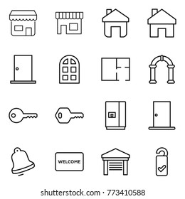 Thin line icon set : shop, home, door, arch window, plan, key, fridge, bell, welcome mat, garage, please clean