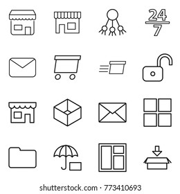 Thin line icon set : shop, share, 24 7, mail, delivery, unlock, box, window, documents, insurance, package
