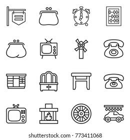 Thin line icon set : shop signboard, purse, alarm clock, abacus, tv, windmill, phone, wardrobe, dresser, stool, fireplace, wheel, car wash