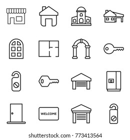 Thin line icon set : shop, home, mansion, house with garage, arch window, plan, key, do not distrub, fridge, door, welcome mat