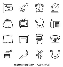 Thin line icon set : shop signboard, rocket, alarm clock, table lamp, purse, tv, baby stroller, phone, curtain, stool, chair, hand mill, sickle, windmill, horseshoe