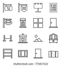 Thin line icon set : shop signboard, billboard, abacus, building, window, door, vip fence, detector, landscape, dresser, rack, clean
