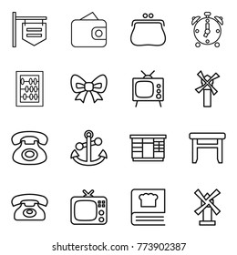 Thin line icon set : shop signboard, wallet, purse, alarm clock, abacus, bow, tv, windmill, phone, anchor, wardrobe, stool, cooking book