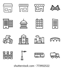 Thin line icon set : shop, bridge, houses, goverment house, building, skyscraper, modern architecture, city, palace, outdoor light, bus, sweeper