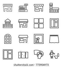 Thin line icon set : shop, cashbox, mansion, cottage, window, arch, flower in, curtain, clean, wiping, toilet cleaning