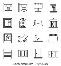 Thin line icon set : shop signboard, billboard, building, window, arch, vip fence, detector, photo, dog, landscape, curtain, rack, door, clean