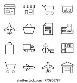 Thin line icon set : shop, cart, presentation, plane, basket, account balance, store, shopping bag, delivery, port, consolidated cargo, airplane, garage