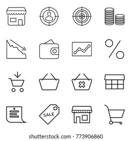 Thin line icon set : shop, target audience, coin stack, crisis, wallet, statistics, percent, add to cart, basket, delete, market, shopping list, sale label